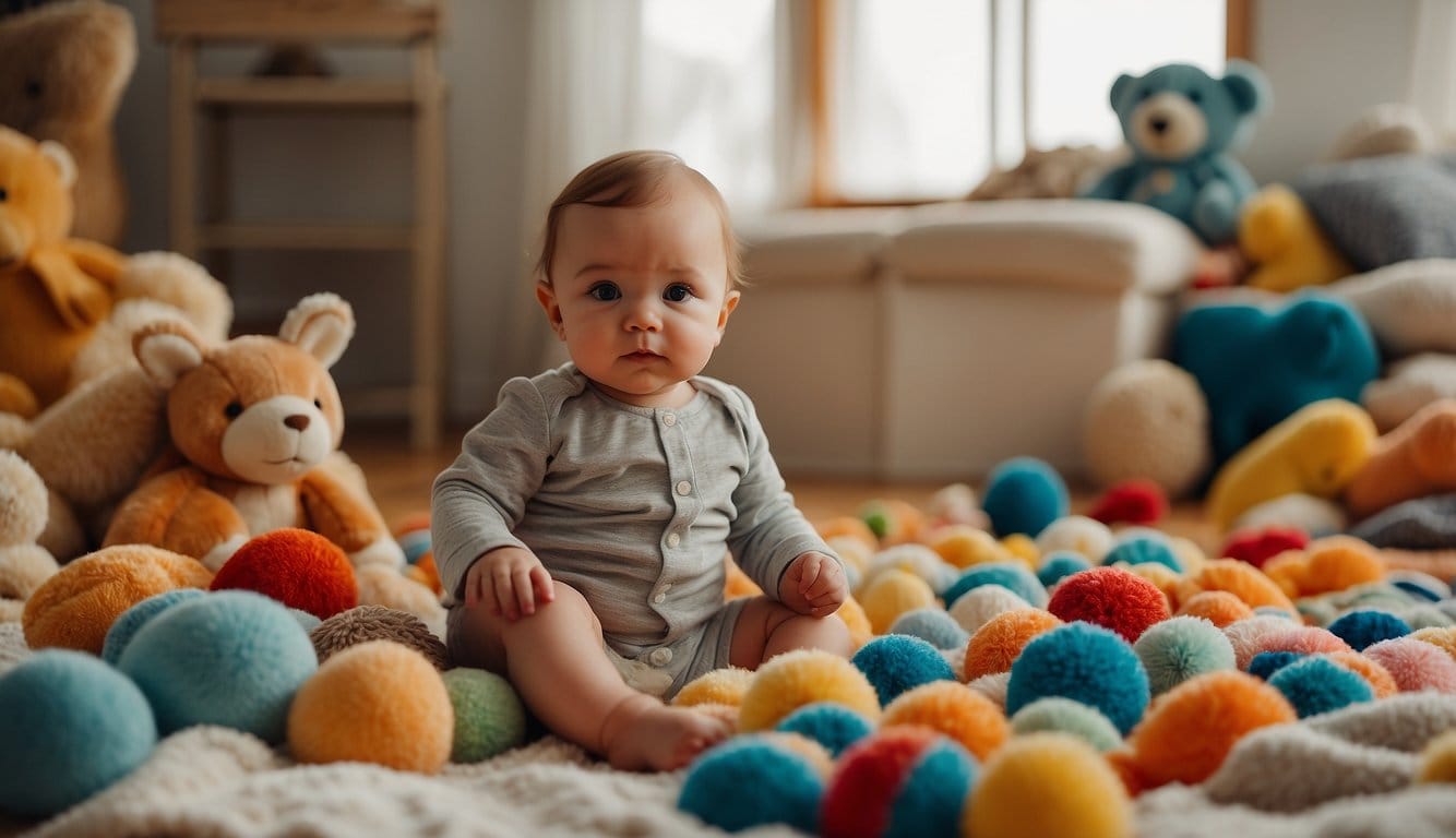 Um bebê está sentado em um ambiente suave e bem iluminado, cercado por brinquedos e cobertores coloridos. O fotógrafo usa fotos em close-up e luz natural para capturar a inocência e a brincadeira da criança