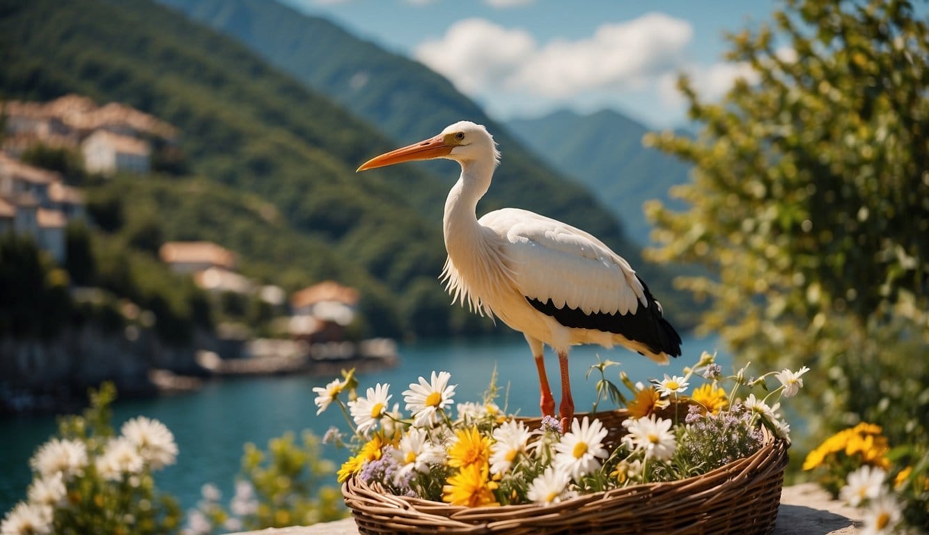 Een ooievaar die wensbundels aflevert in verschillende omgevingen: een kinderkamer, een tuin, een strand en een bergtop