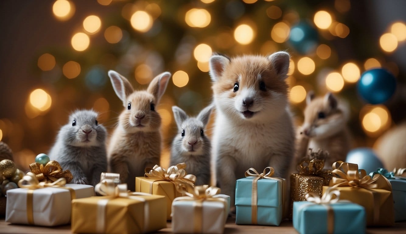 Een groep vrolijke dieren verzamelt zich rond een wieg, overhandigt cadeaus en viert de komst van een nieuwe baby