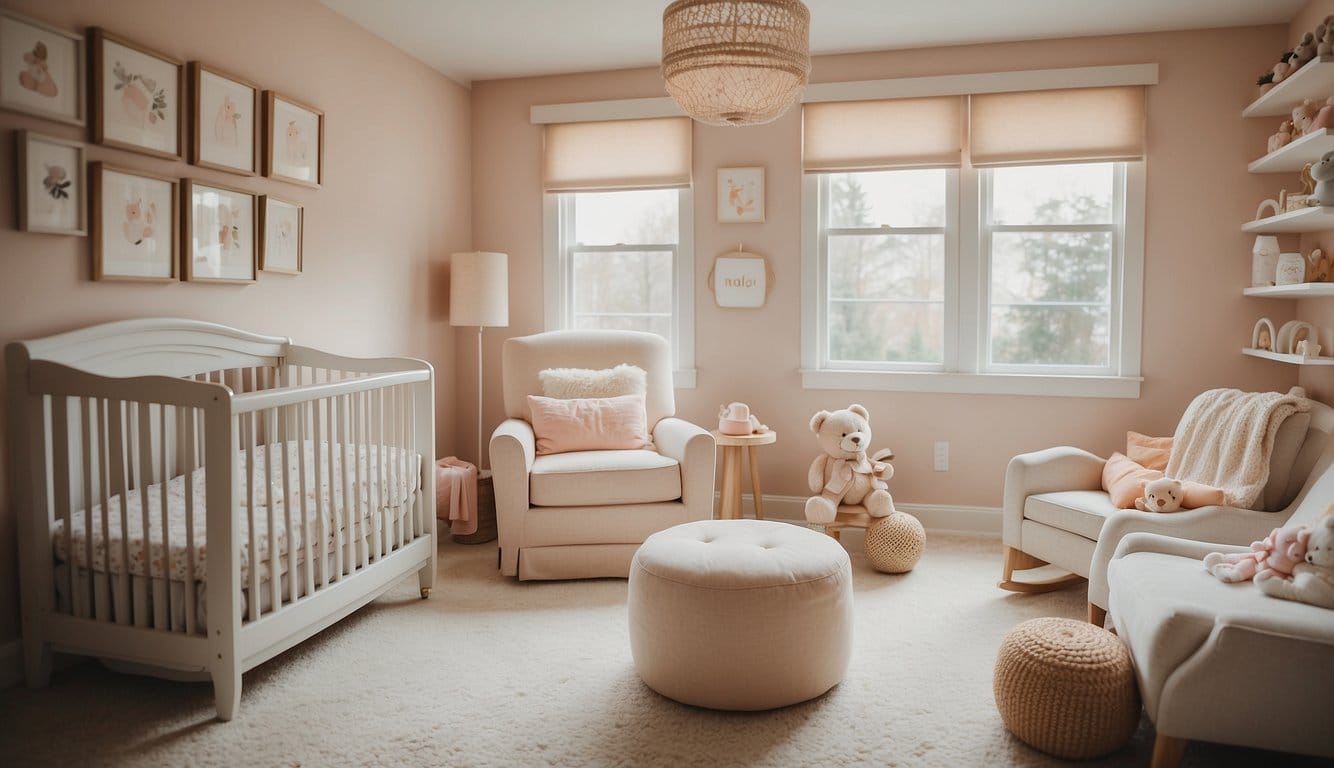 Een kinderkamer met een wieg, luiertafel, schommelstoel en planken met babyspullen zoals luiers, flessen en speelgoed. Zachte pastelkleuren en natuurlijk licht creëren een warme en uitnodigende sfeer.