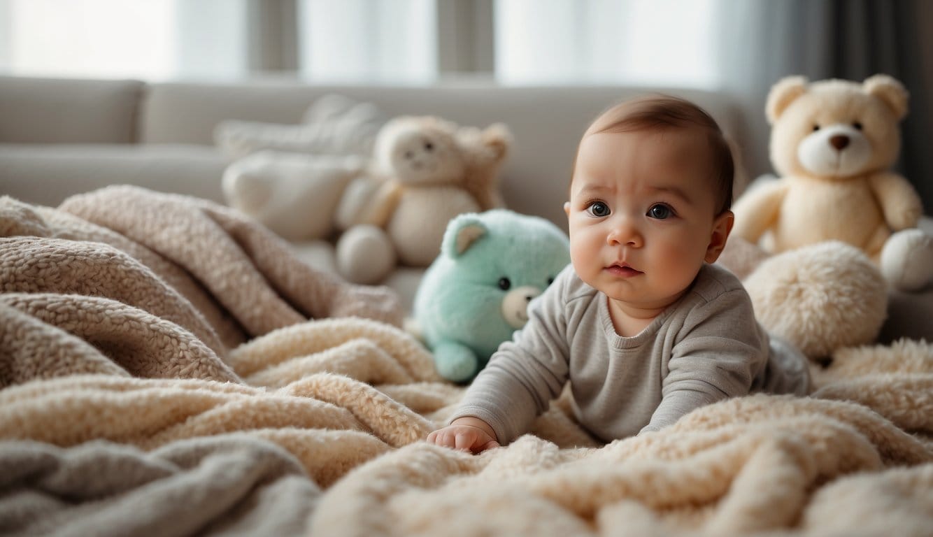 Um bebê cercado por cobertores e brinquedos macios em tons pastéis, com luz natural entrando por uma grande janela, criando uma atmosfera calorosa e aconchegante