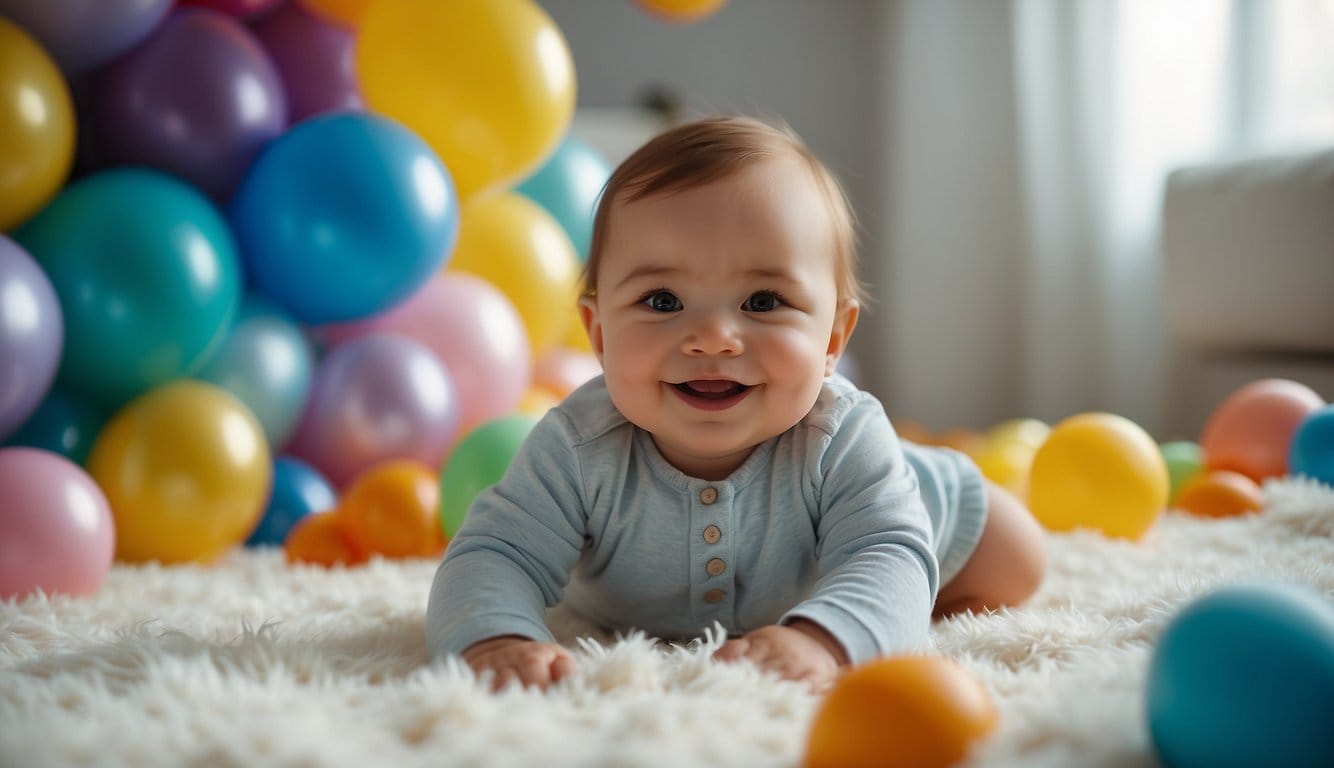 Een baby zit op een pluizig wit tapijt omringd door kleurrijk speelgoed en ballonnen, glimlacht en reikt uit naar de camera