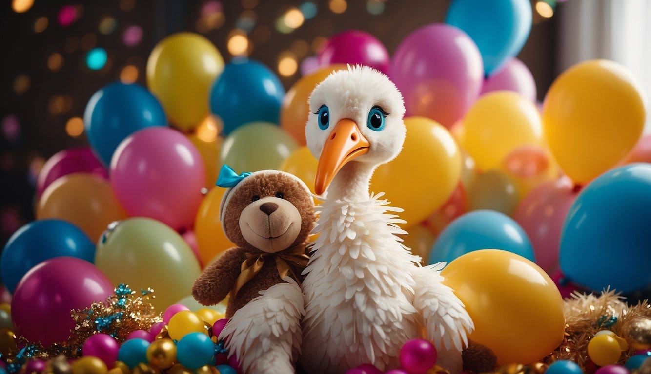 Een ooievaar die een bundel aflevert met een lint, een babyflesje en een teddybeer, omringd door kleurrijke ballonnen en confetti