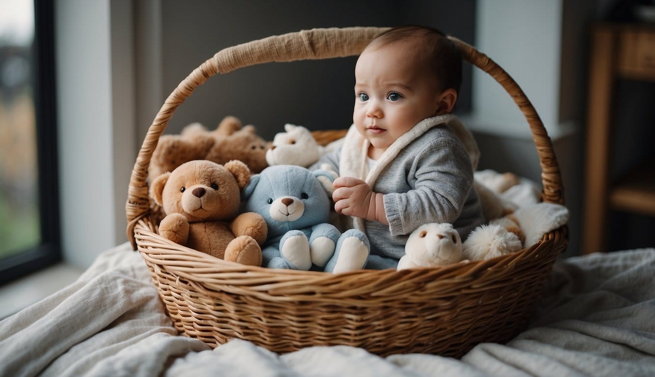 A baby surrounded by soft blankets and toys, sitting in a basket with natural light streaming in from a window