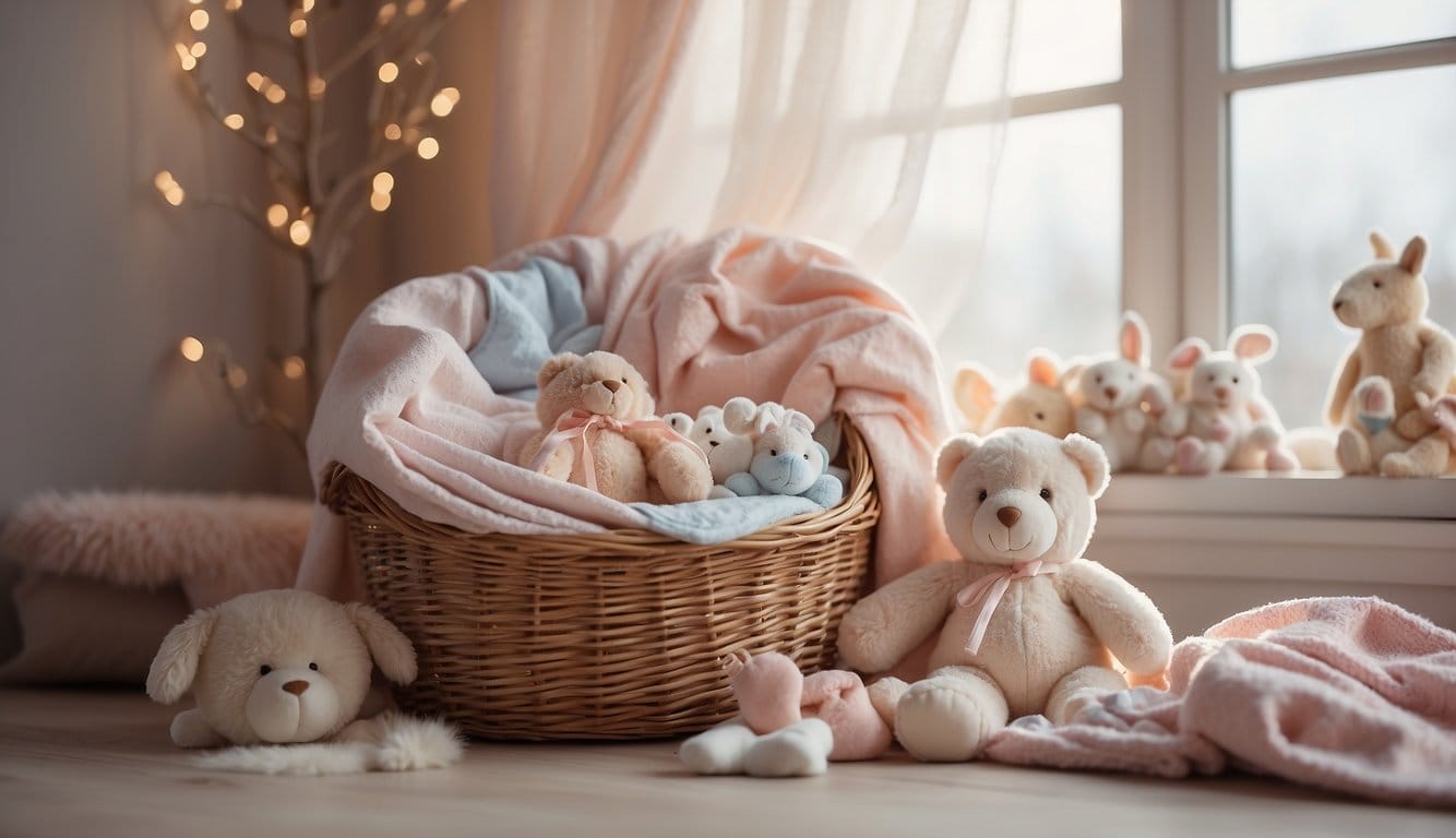 Eine weiche, pastellfarbene Kulisse mit verstreutem Spielzeug und einer kuscheligen Decke. Ein kleiner Plüschsessel und ein Korb mit bezaubernden Baby-Outfits. Helles, natürliches Licht, das durch ein großes Fenster hereinströmt